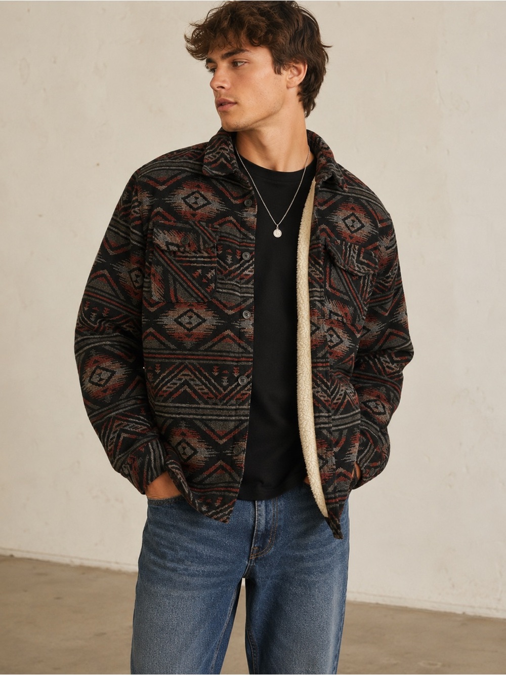 JACHS New‎ York Sherpa-Lined Southwestern Shirt Jacket Shacket XL Aztec Wool